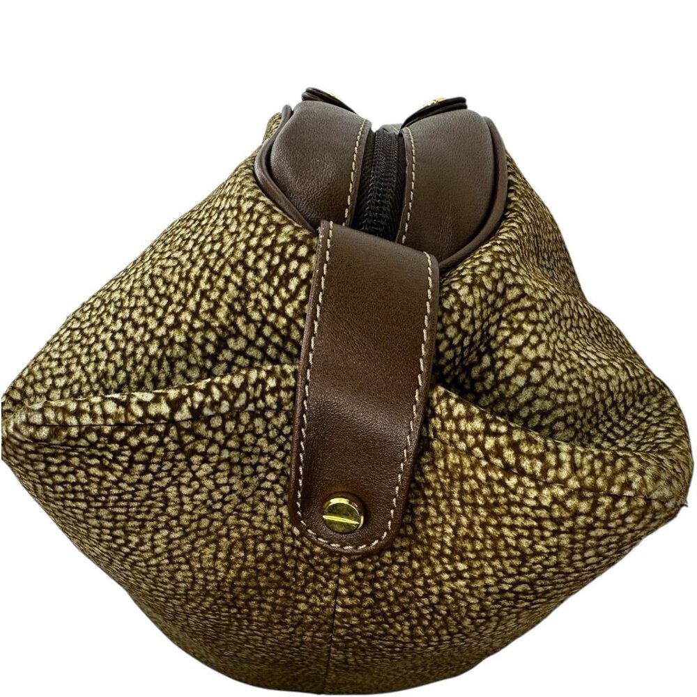 Borbonese Redwall Brown Tan Suede Leather Double Top Handle Bag Quail pattern - Picture 9 of 15